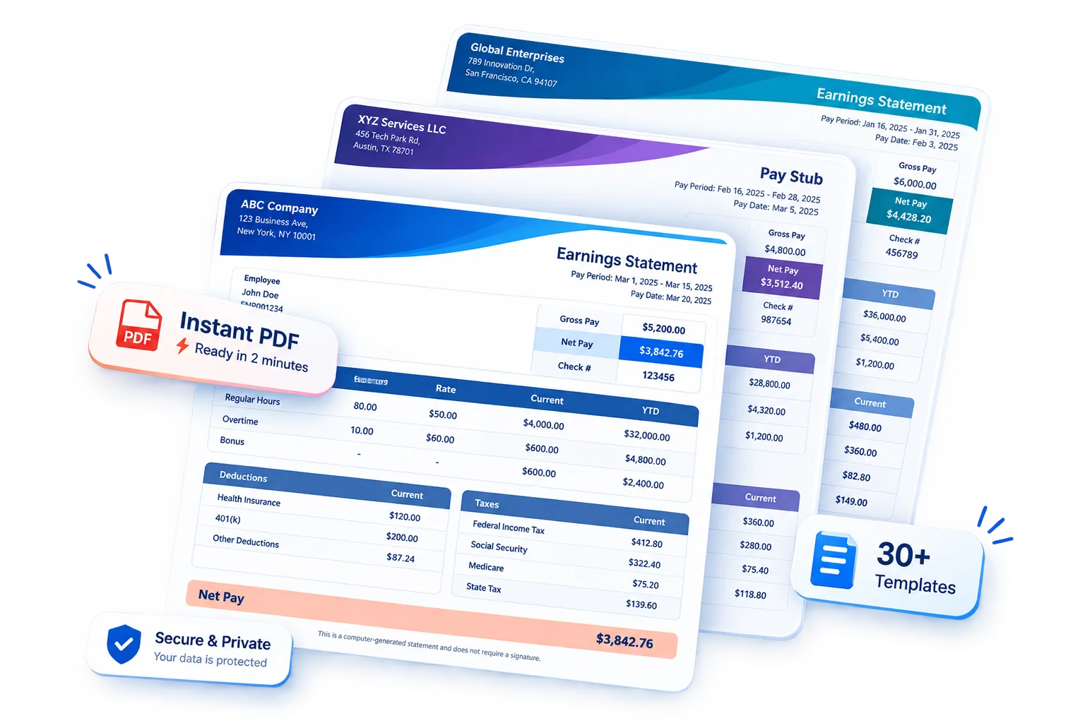 PayStubVault pay stub showing company info, employee details, earnings, federal and state taxes, deductions, year-to-date totals and net pay