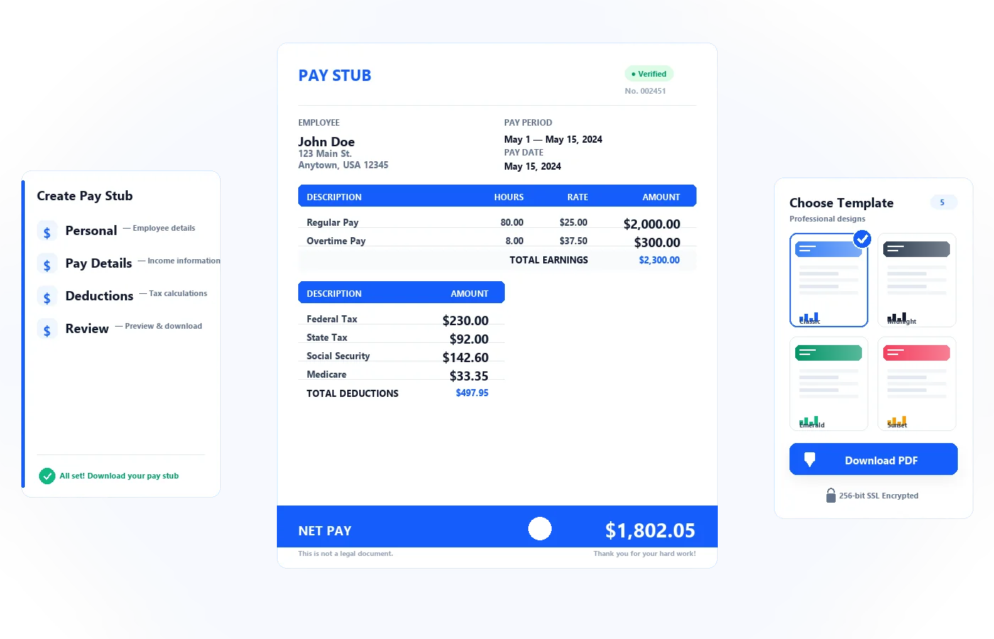 PayStubVault product preview showing the create pay stub steps, the pay stub document, and the choose template picker