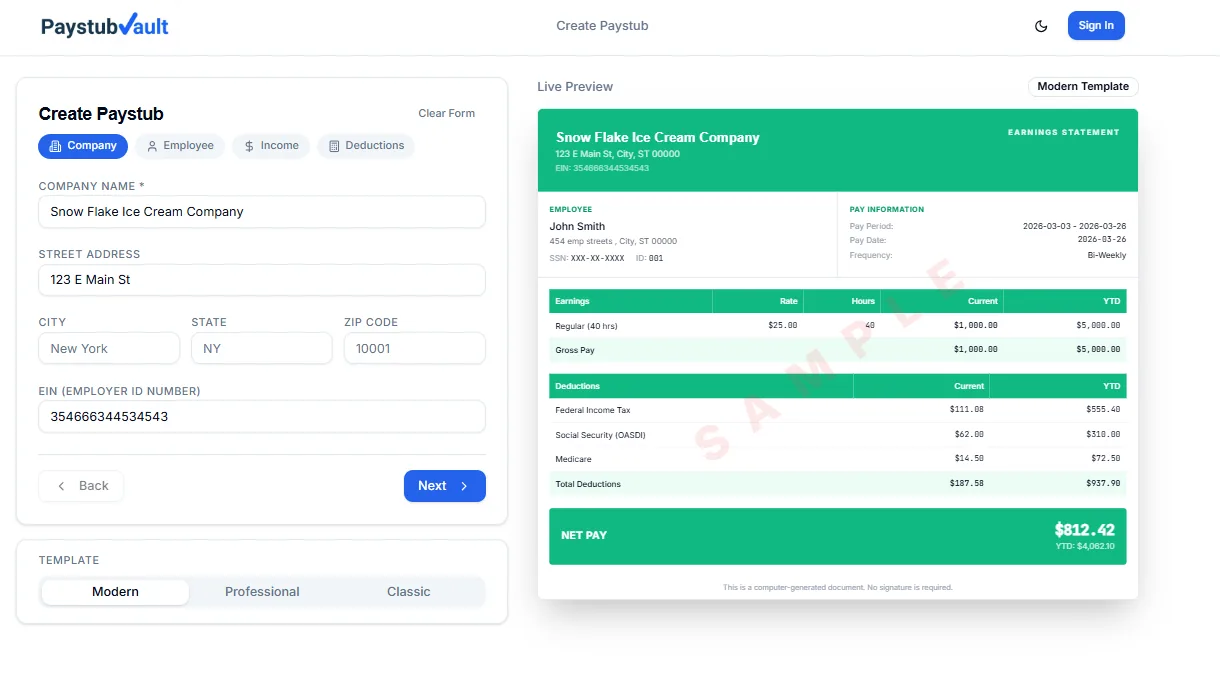 PayStubVault-generated freelance pay stub showing company info, earnings, deductions, taxes, YTD totals, and net pay